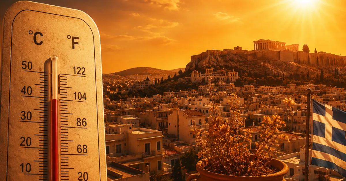 Θερμόμετρο στους 40°C με φόντο την Ακρόπολη και ηλιοβασίλεμα στην Αθήνα