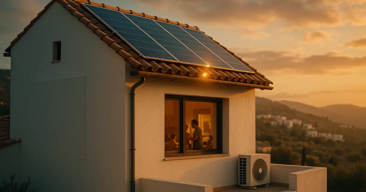 Μοντέρνο ελληνικό σπίτι με φωτοβολταϊκά, αντλία θερμότητας και θερμομόνωση στο ηλιοβασίλεμα